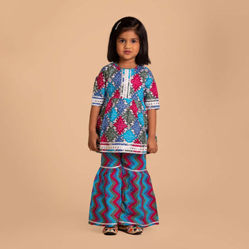 Multi Blue Pink Pant Style Sharara & Short Kurti Set