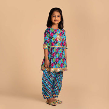 Multi Blue Elbow Sleeves Salwar Kurti Set