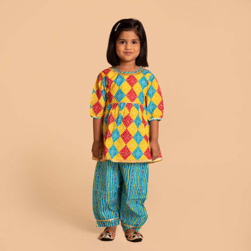 Yellow-Blue Puff Sleeves Salwar Kurti Sets