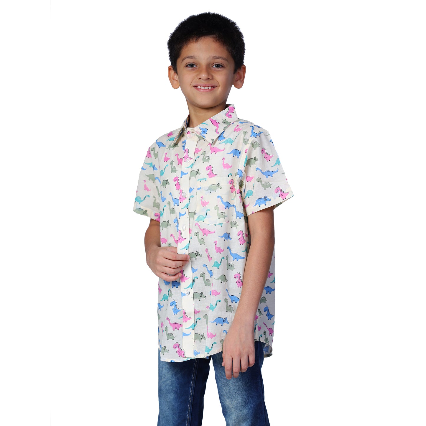 Pink Blue Dino Print White Regular Collar Shirt