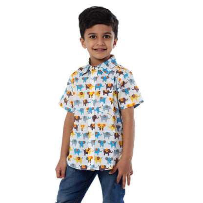 Yellow-Blue Elephant Print Regular Collar Shirt