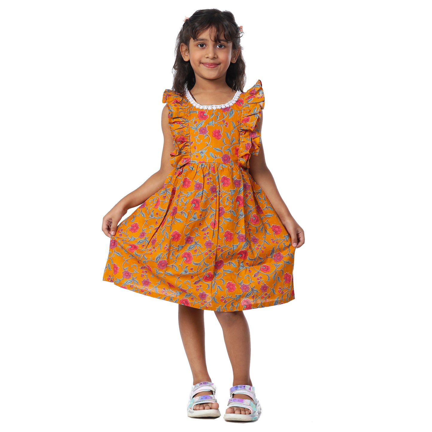 Ochre Orange Length Frock With Butterfly Frill