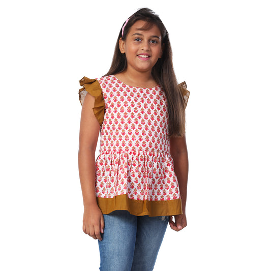 Red Colour Butta Print On White Short Top with Ochre Frill