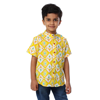 Fresh Yellow Cotton Chinese Collar Shirt