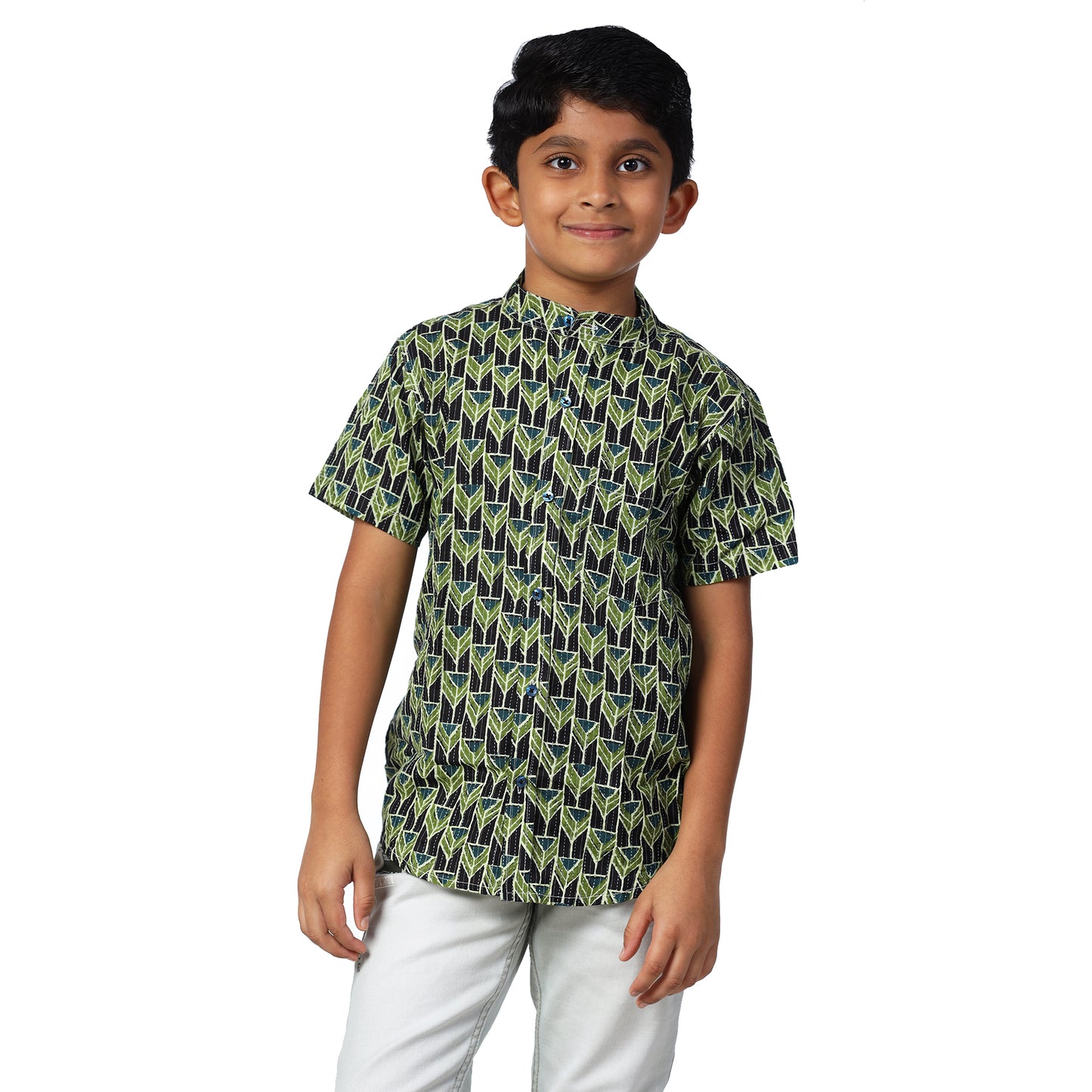 Multi Green Kantha Work Chinese Collar Shirt