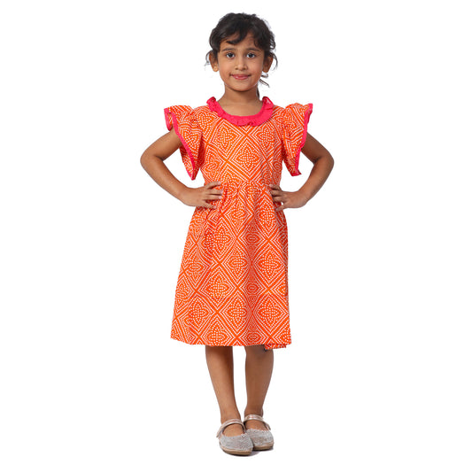 Orange Bandhani Knee Length Frock