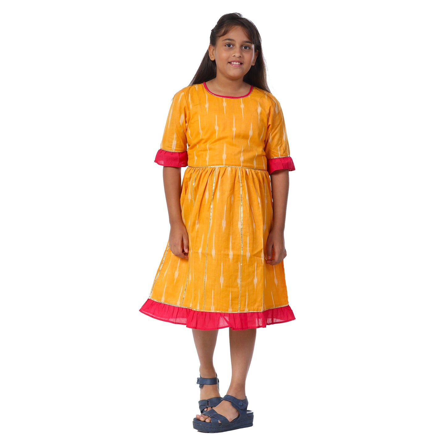 Yellow Ikat Calf length Frock With Contrast Frill Border