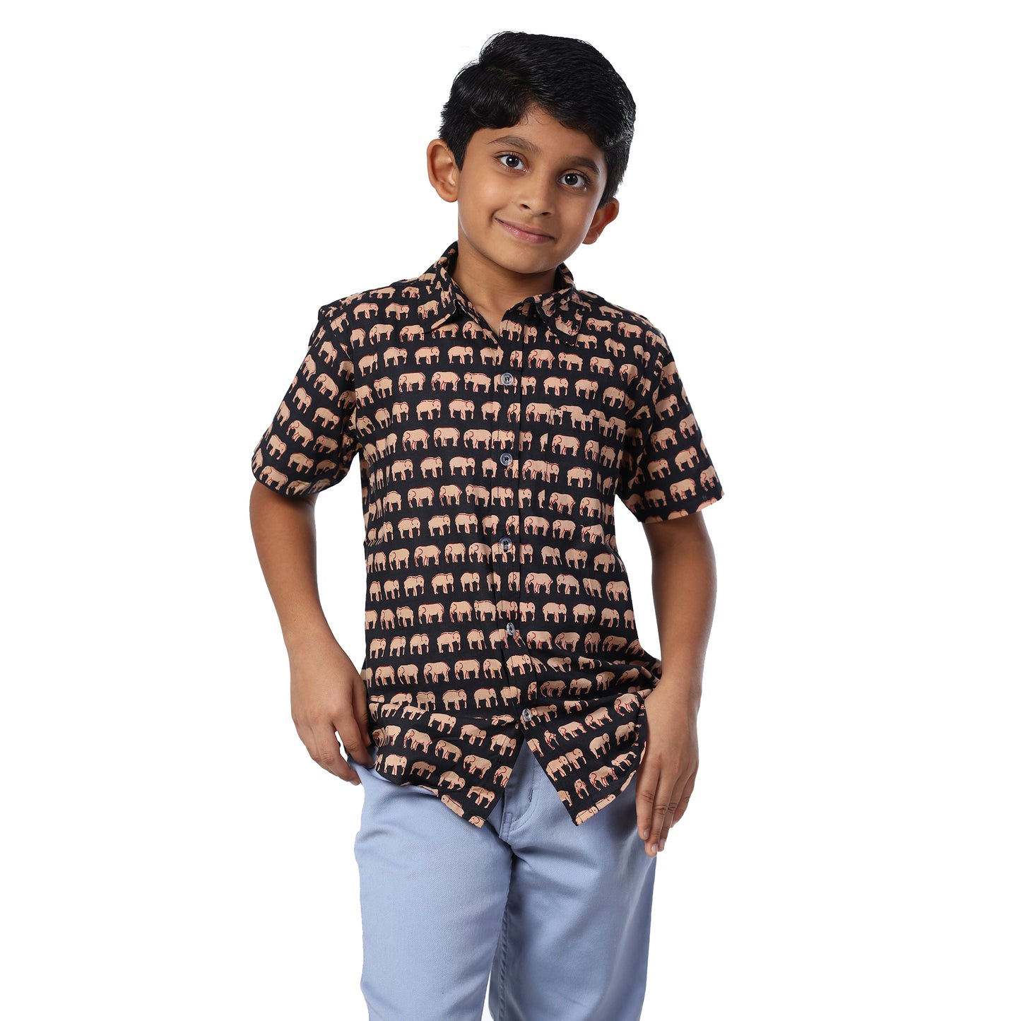 Black Elephant Print Regular Collar Shirt