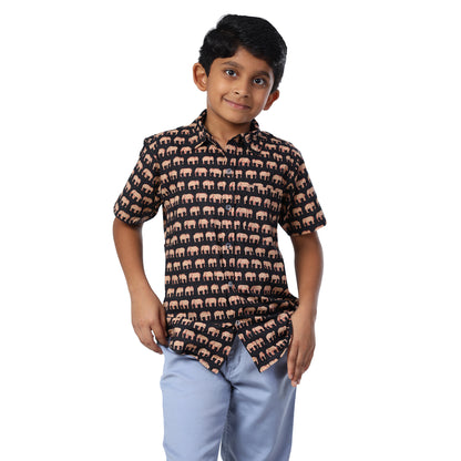 Black Elephant Print Regular Collar Shirt