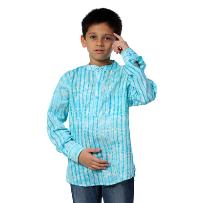 Light Blue Print Full Sleeves Short Kurta