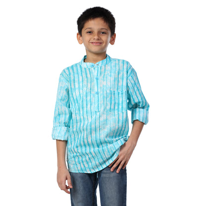 Light Blue Print Full Sleeves Short Kurta