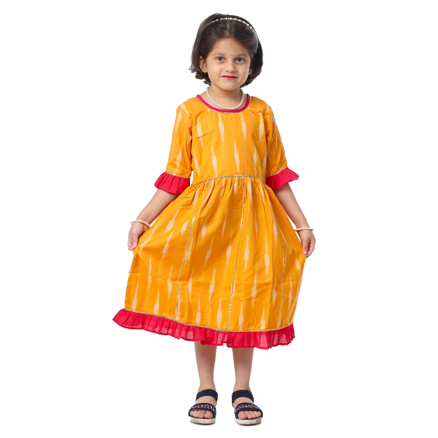 Yellow Ikat Calf length Frock With Contrast Frill Border