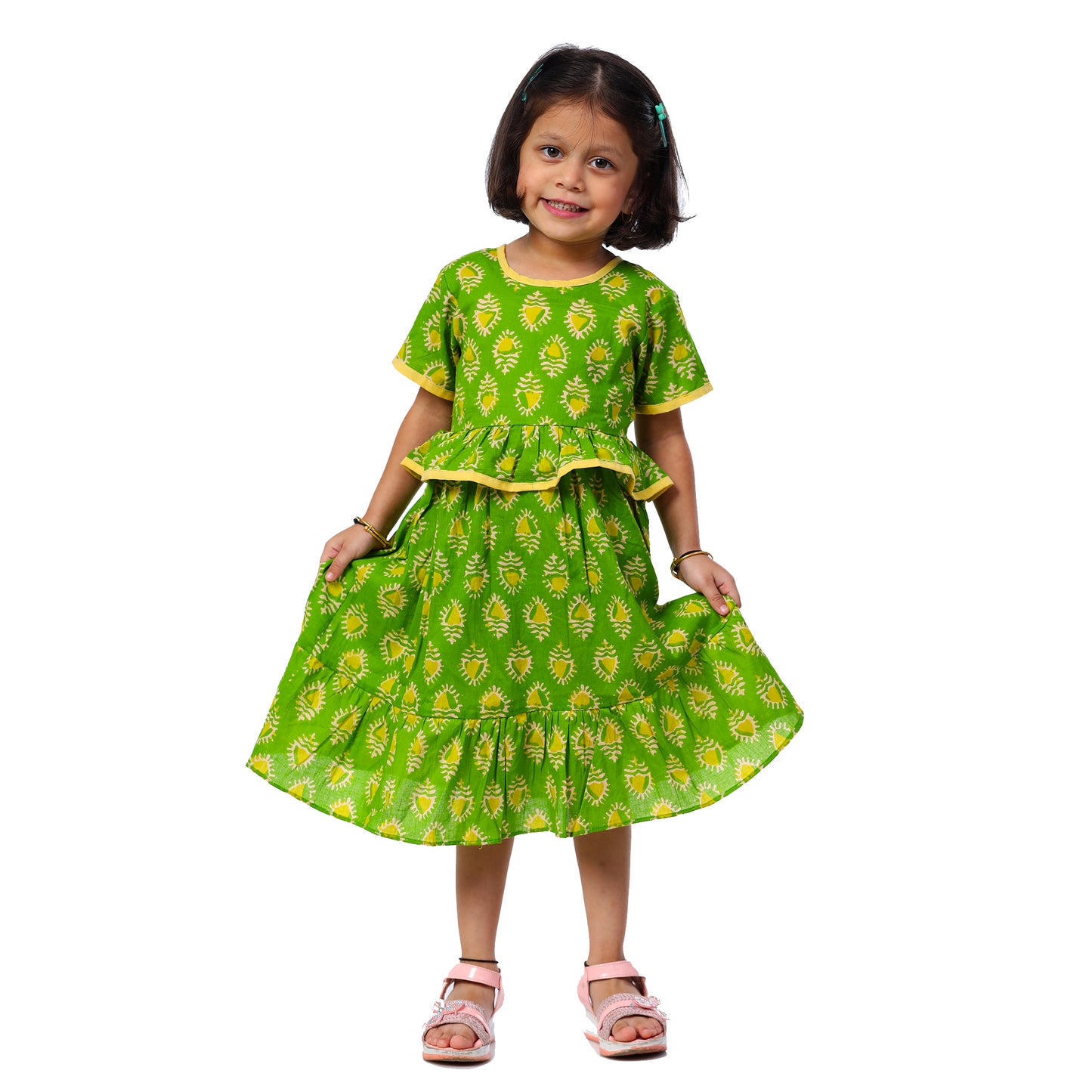 Light Green Calf Length Frock With Frill