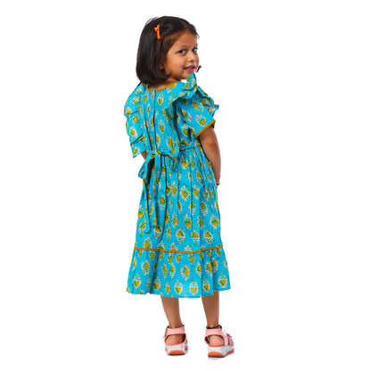 Peacock Blue Calf Length Frock With Butterfly Frill