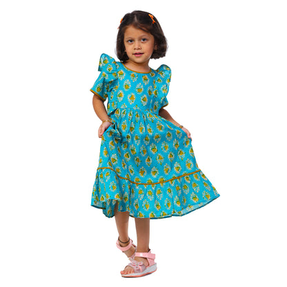 Peacock Blue Calf Length Frock With Butterfly Frill