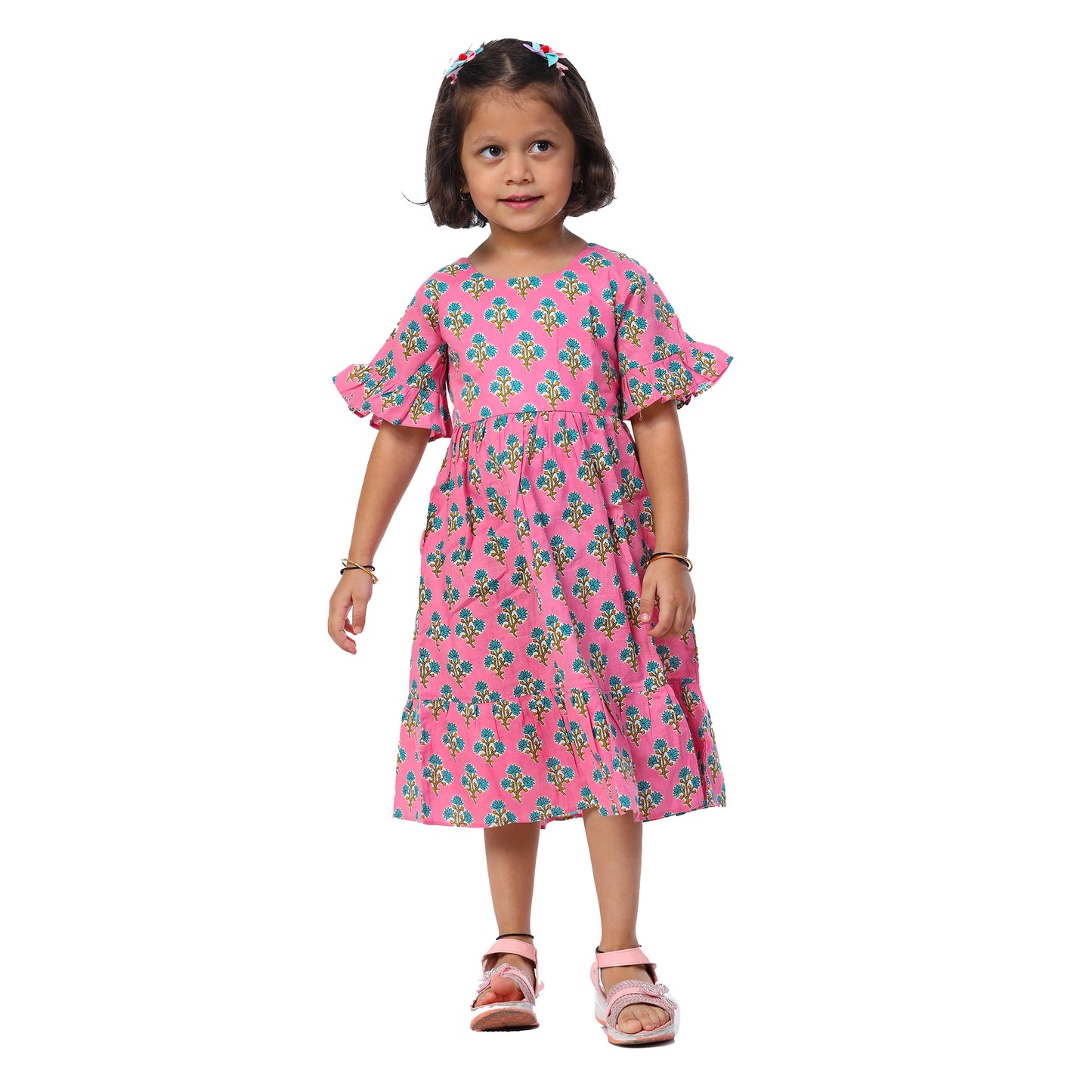 Pink Calf Length Frock With Frill