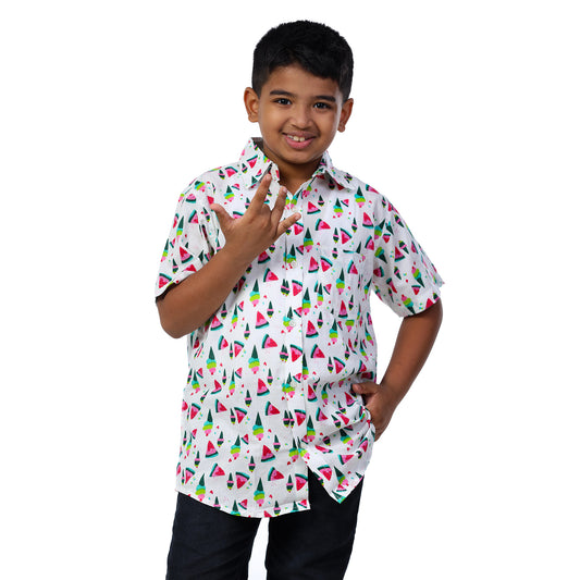 Multi Colour Print White Cotton Regular Collar Shirt