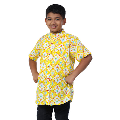 Fresh Yellow Cotton Chinese Collar Shirt