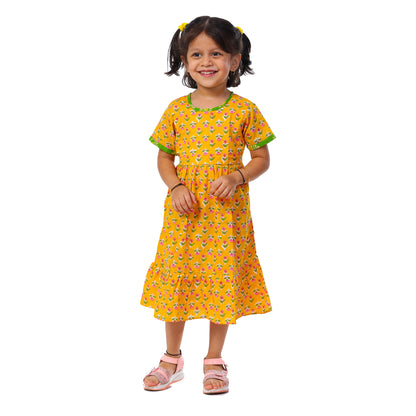 Fresh yellow Calf Length Frock With Green Border