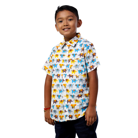 Yellow-Blue Elephant Print Regular Collar Shirt