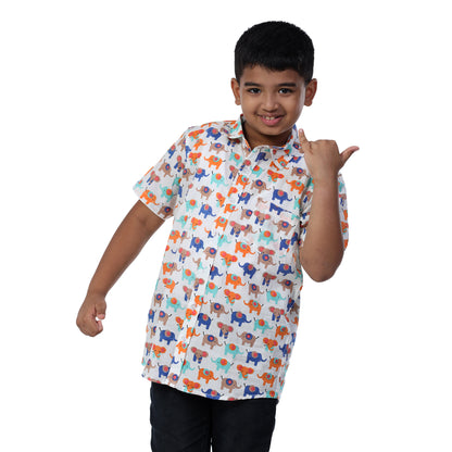 Orange-Blue Elephant Print Regular Collar Shirt