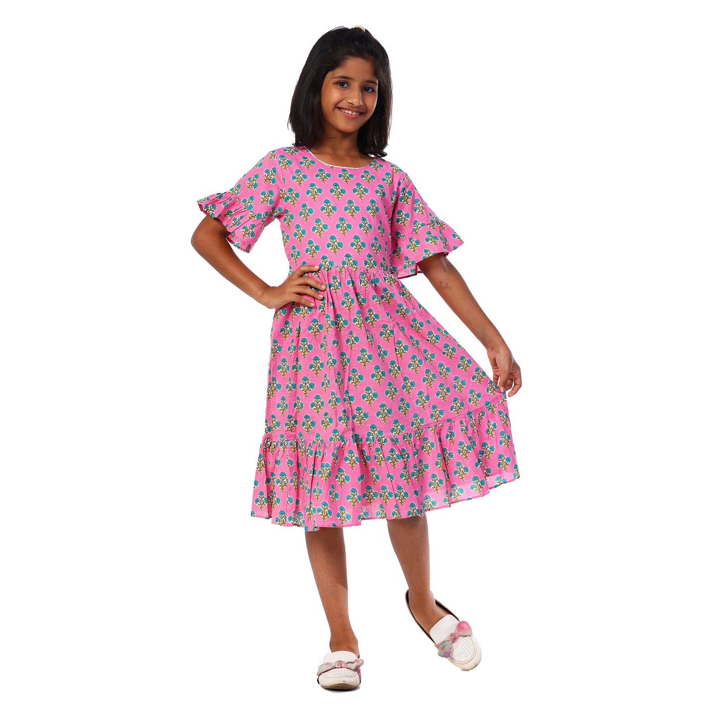 Pink Calf Length Frock With Frill