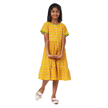 Fresh yellow Calf Length Frock With Green Border