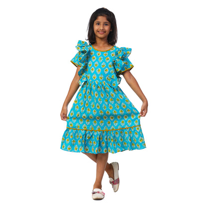 Peacock Blue Calf Length Frock With Butterfly Frill