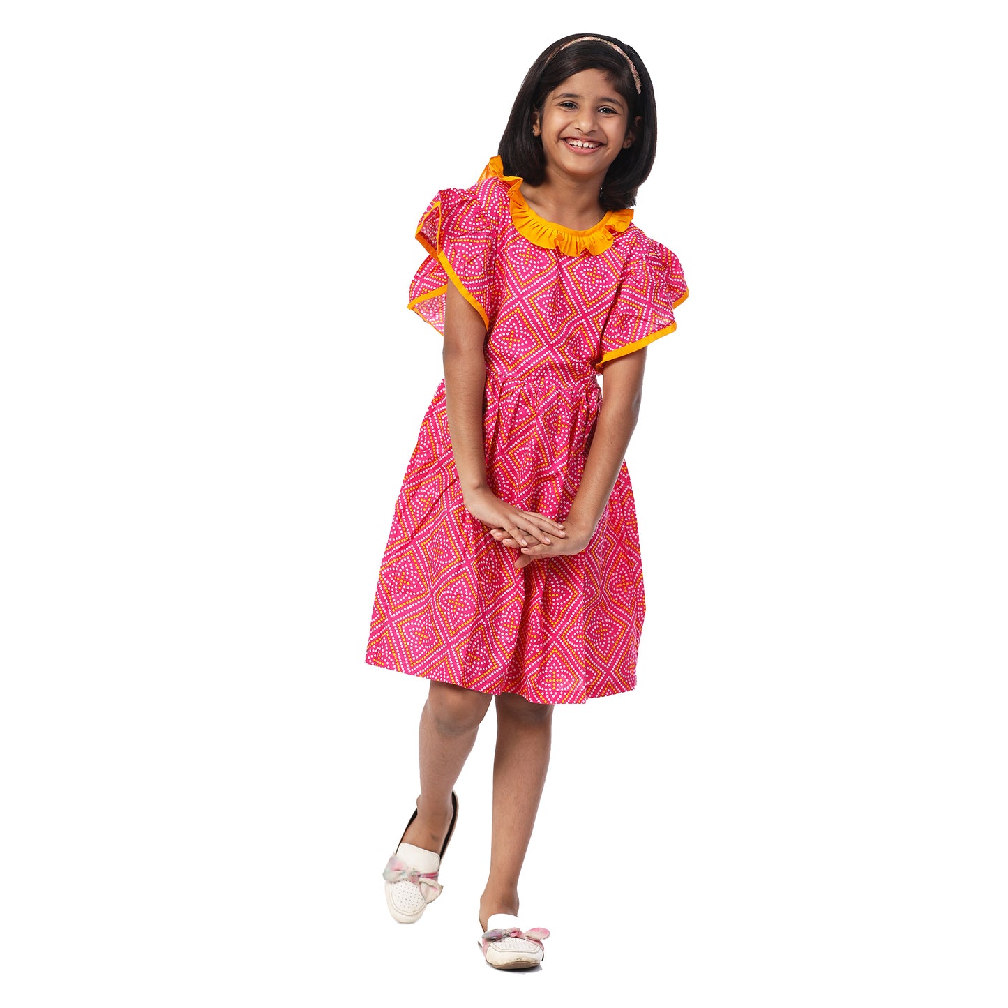 Pink Bandhani Print Knee Length Frock