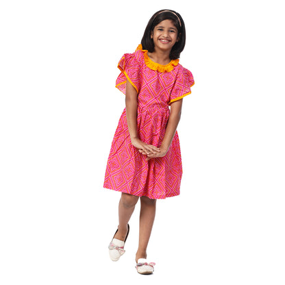 Pink Bandhani Print Knee Length Frock