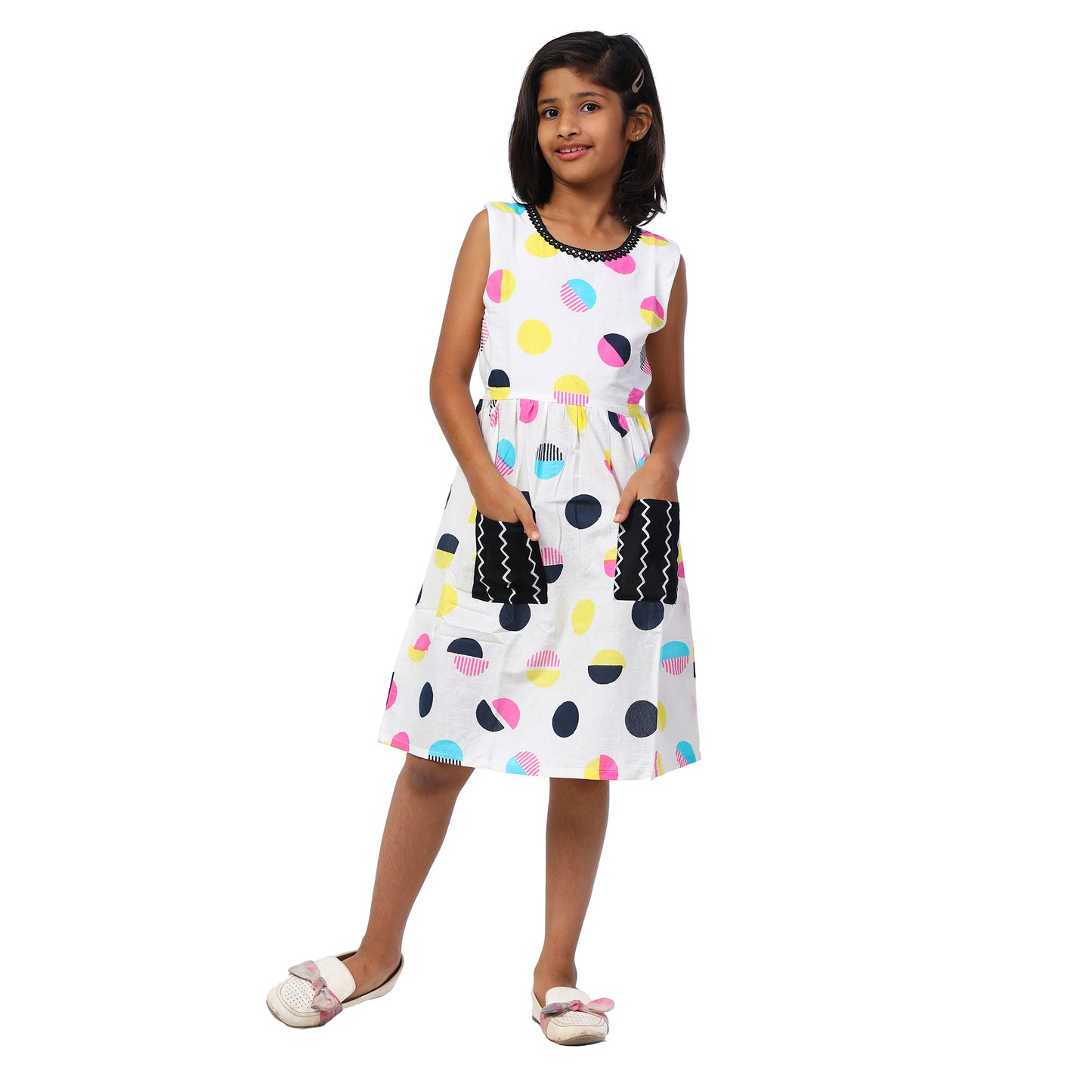 Offwhite Multi Polka Dot Sleeveless Knee Length Frock With Pockets