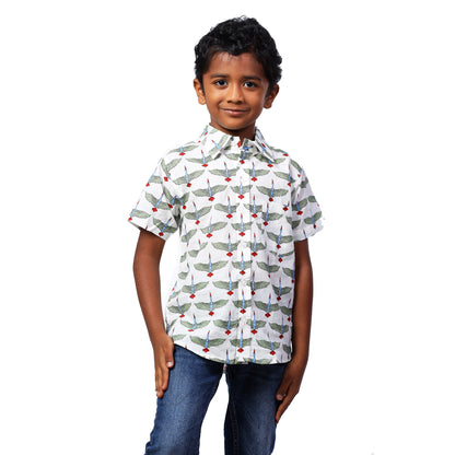 Flying Bird Print White Colour Regular Collar Shirt