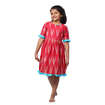 Pinkish Red Ikat Cotton Calf length Frock