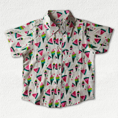 Multi Colour Print White Cotton Regular Collar Shirt