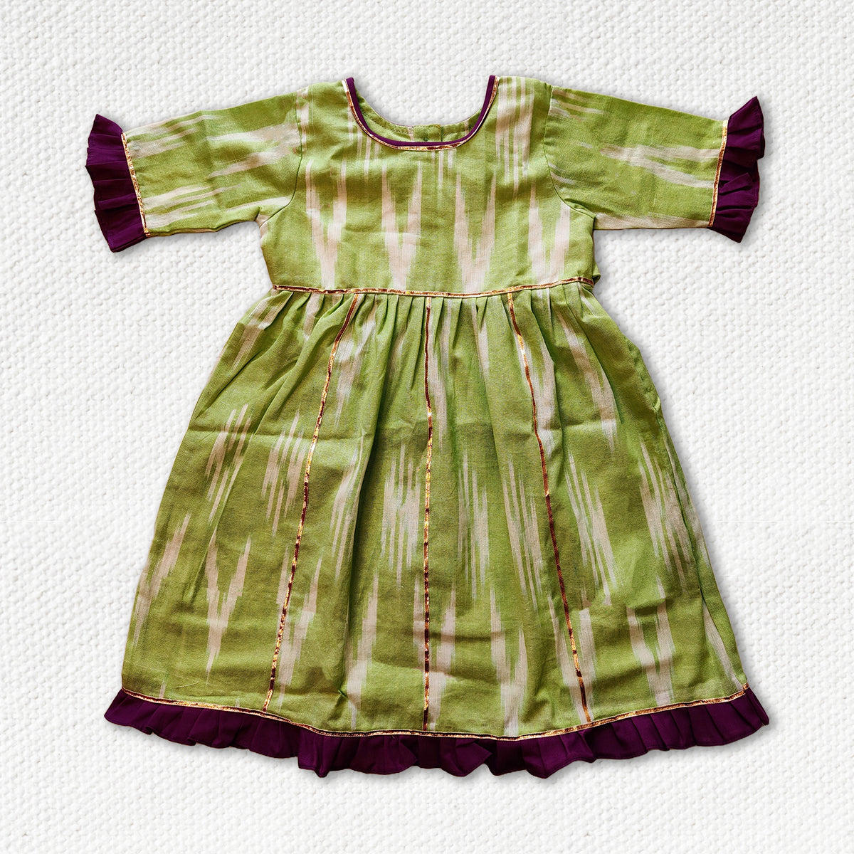 Light Green Calf Length Frock With Contrast Frill Border