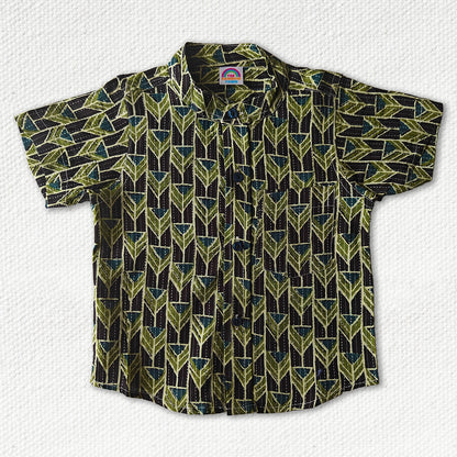 Multi Green Kantha Work Chinese Collar Shirt