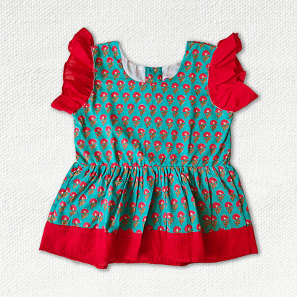 Deep Emerald Short Top with Red Frill