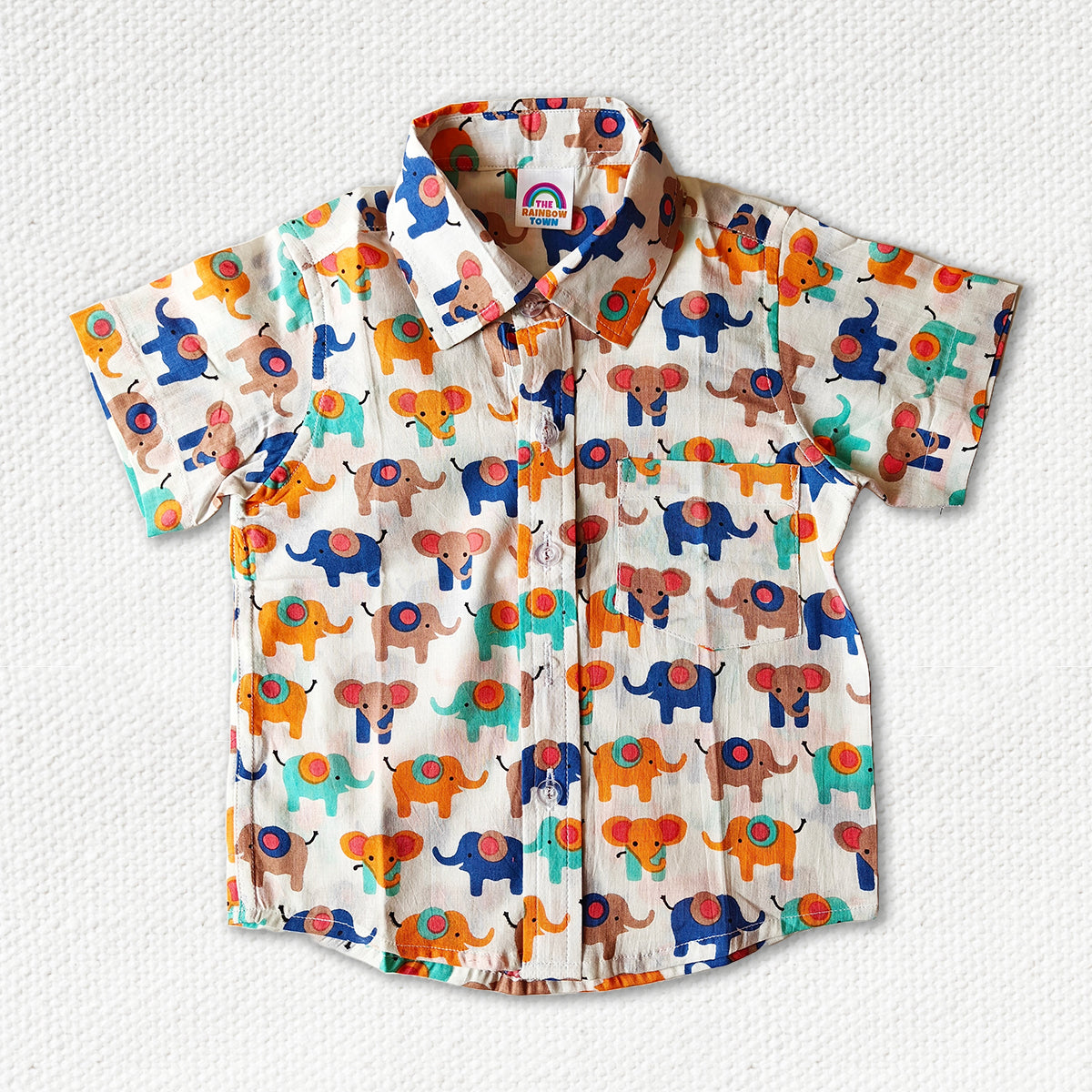 Orange-Blue Elephant Print Regular Collar Shirt