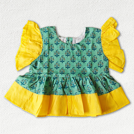 Green Short Top with Lemon Yellow Frill