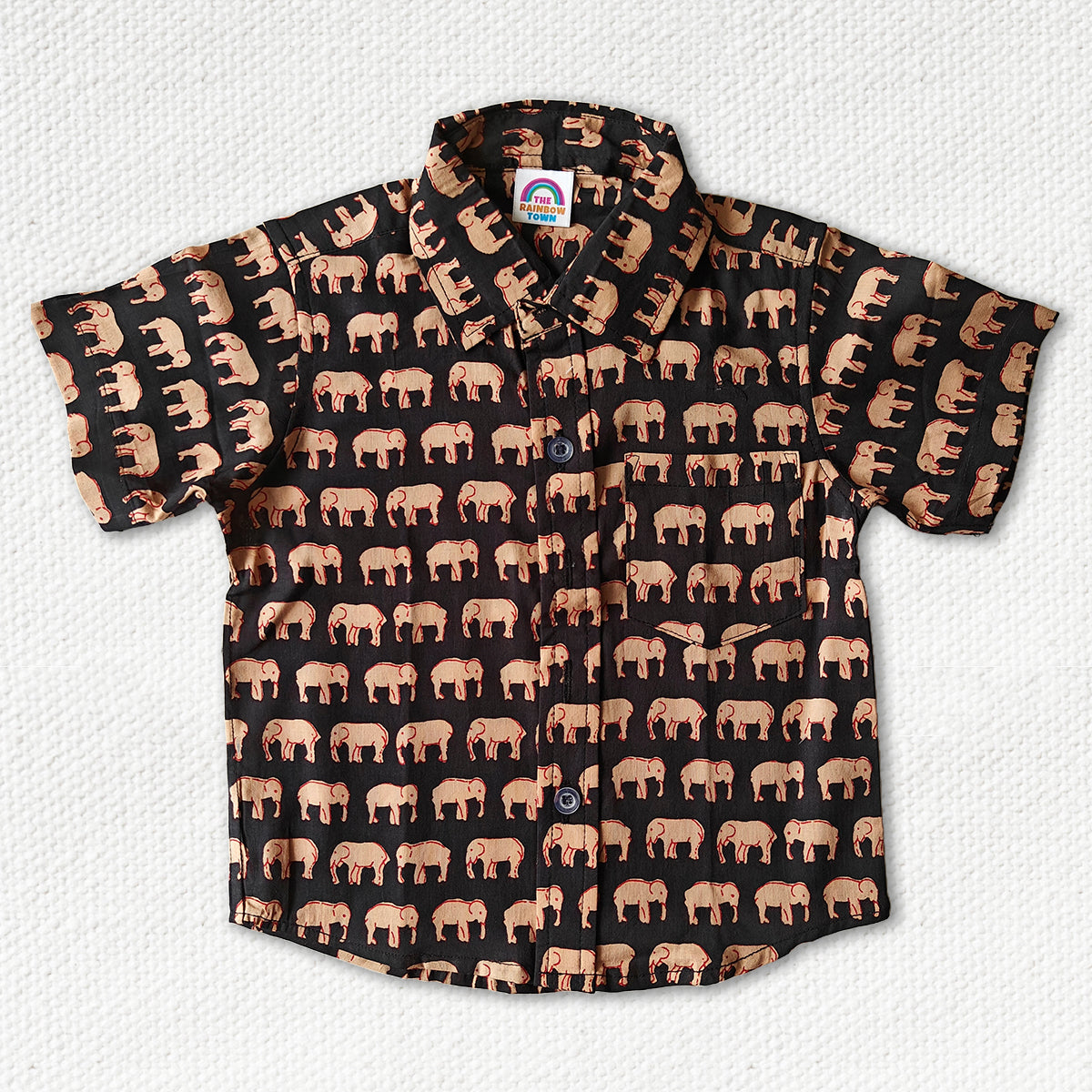 Black Elephant Print Regular Collar Shirt