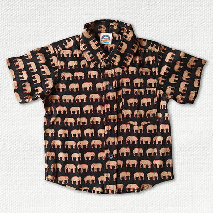 Black Elephant Print Regular Collar Shirt