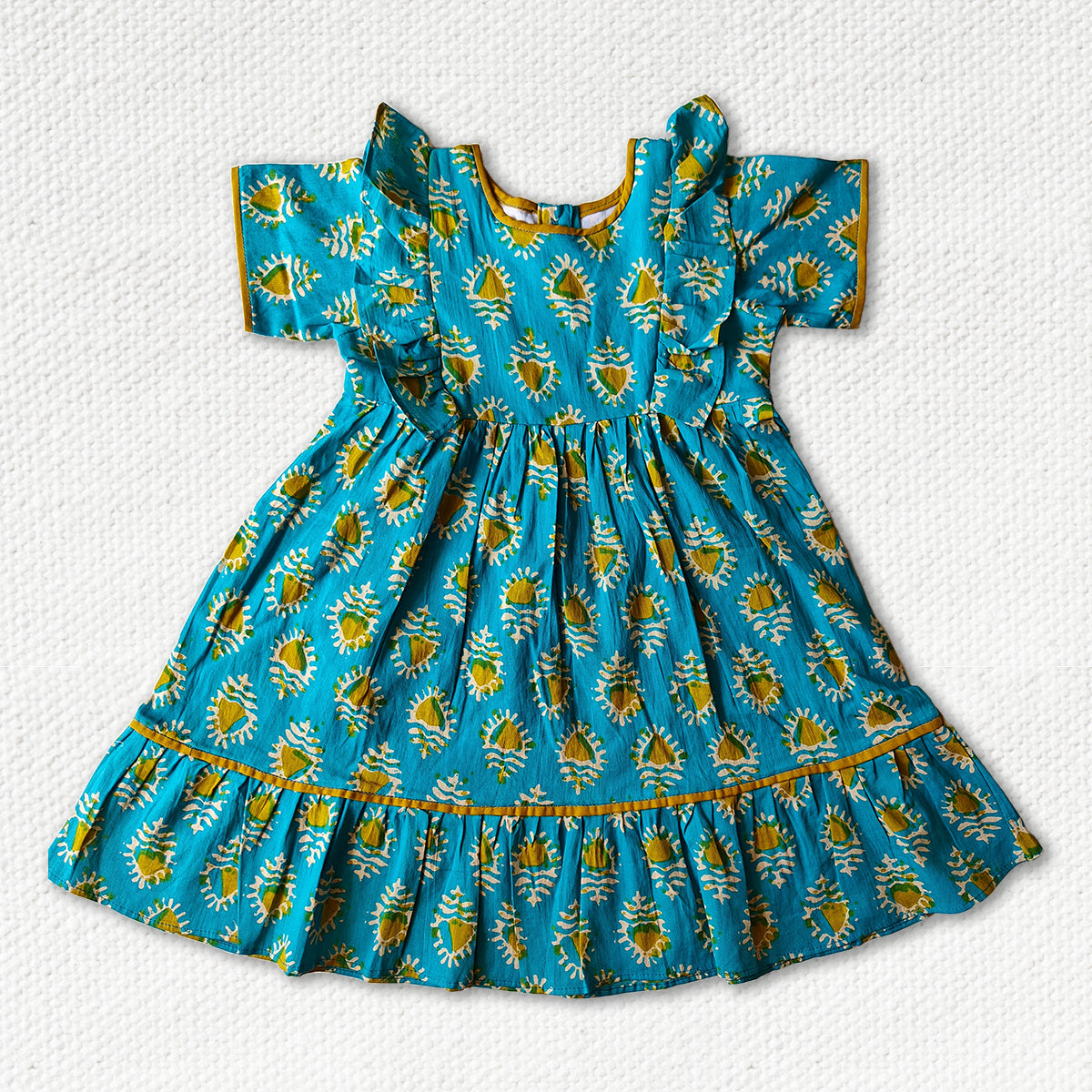 Peacock Blue Calf Length Frock With Butterfly Frill