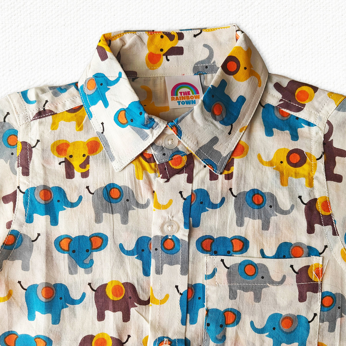 Yellow-Blue Elephant Print Regular Collar Shirt