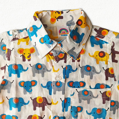 Yellow-Blue Elephant Print Regular Collar Shirt