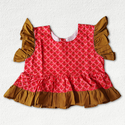 Fuchsia Pink Short Top with Deep Ochre Frill