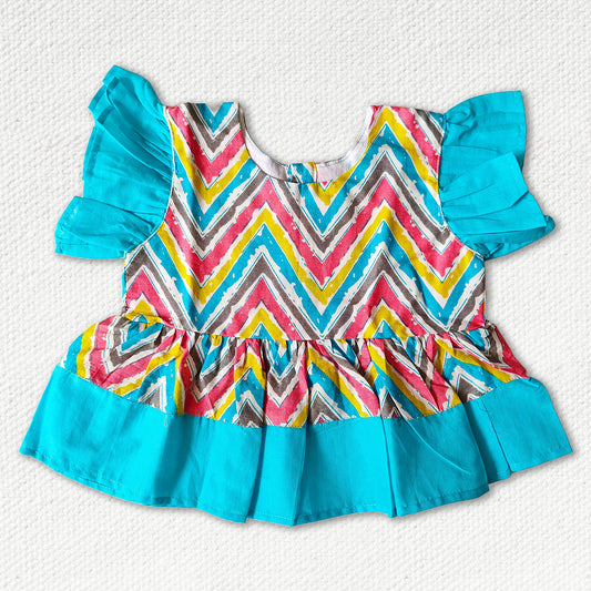 Multi Colour Short Top with Sky Blue Frill