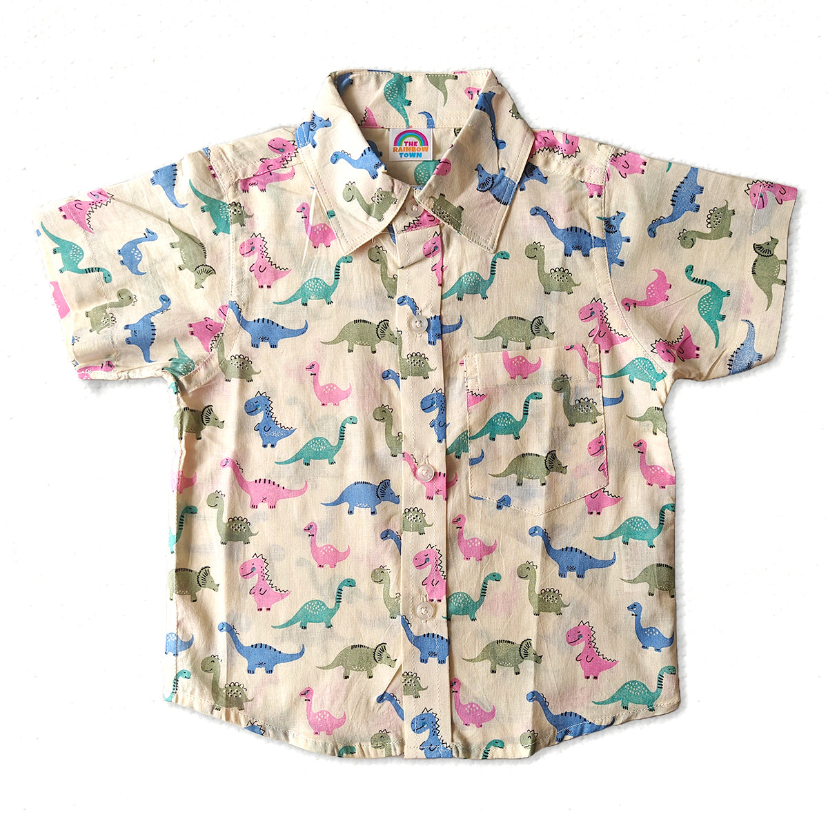 Pink Blue Dino Print White Regular Collar Shirt