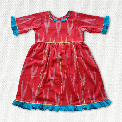 Pinkish Red Ikat Cotton Calf length Frock