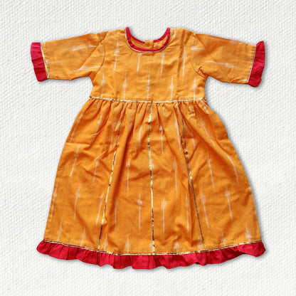 Yellow Ikat Calf length Frock With Contrast Frill Border