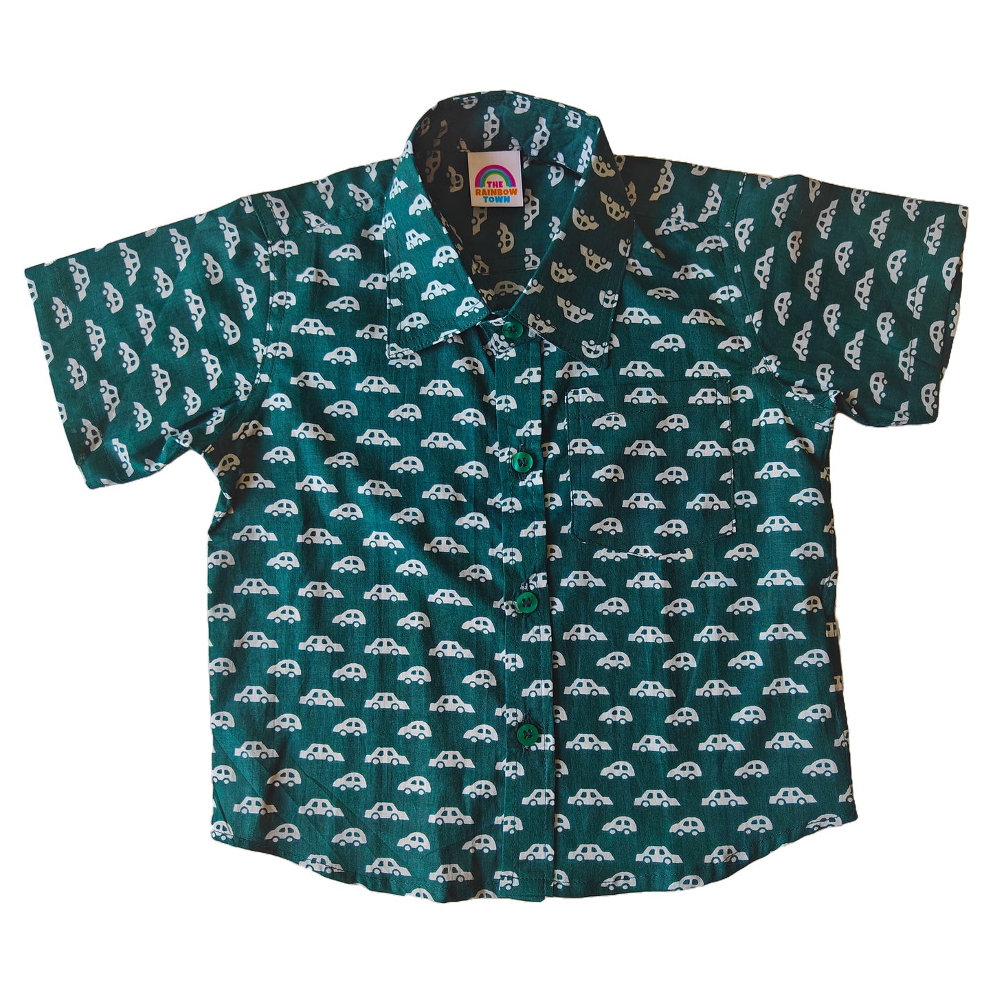 Blue Green Car Print Cotton Shirt